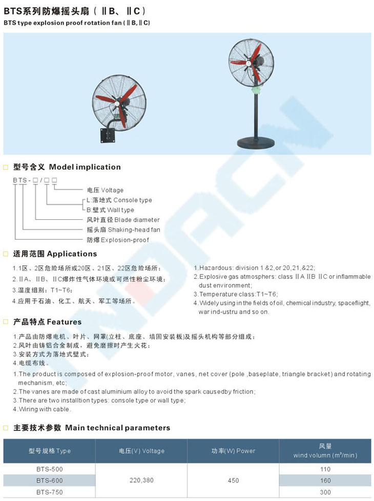 BTS系列防爆搖頭扇(IIB、IIC)