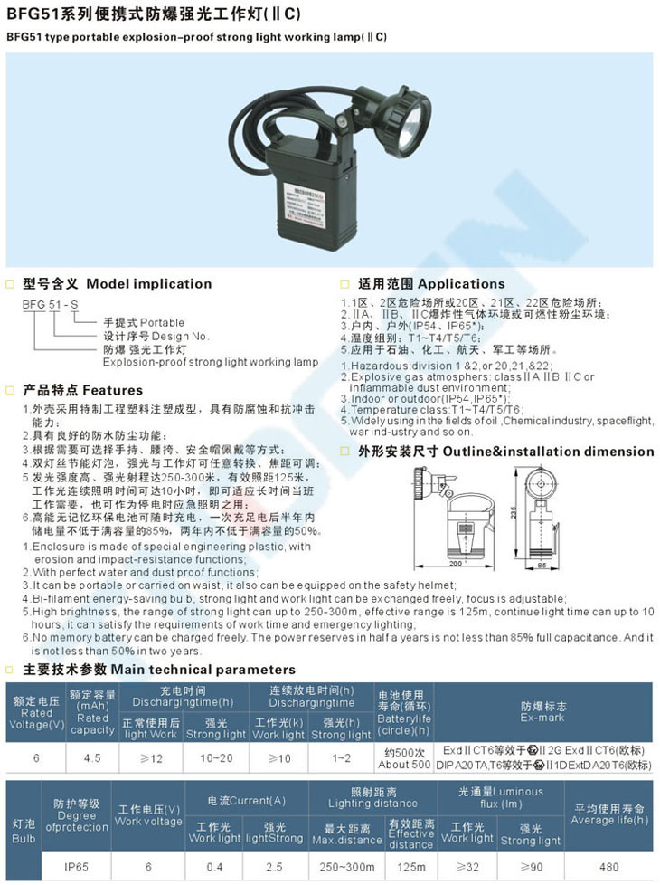 BFG51系列便攜式防爆強光工作燈(IIC)